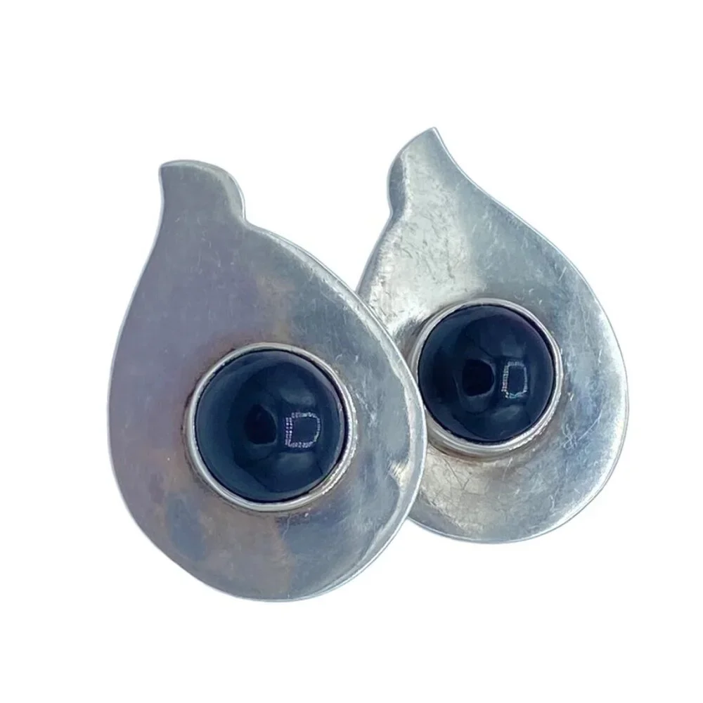 Taxco TA-41 Mexico Sterling Silver Pierced Earrings Onyx Modernist